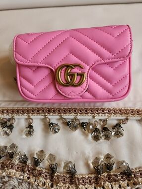 GUCCI Pink Quilted Leather GG Marmont Mini Shoulder Bag